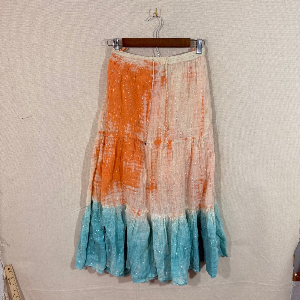 Boho Tie Dye Tiered Maxi Skirt Orange Blue Metallic Stripe Cotton Gauze